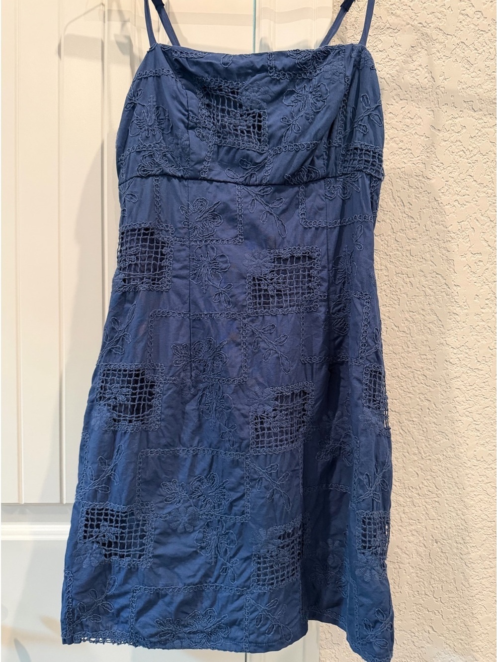 Blue Embroidered Spaghetti Strap Dress with Back Tie